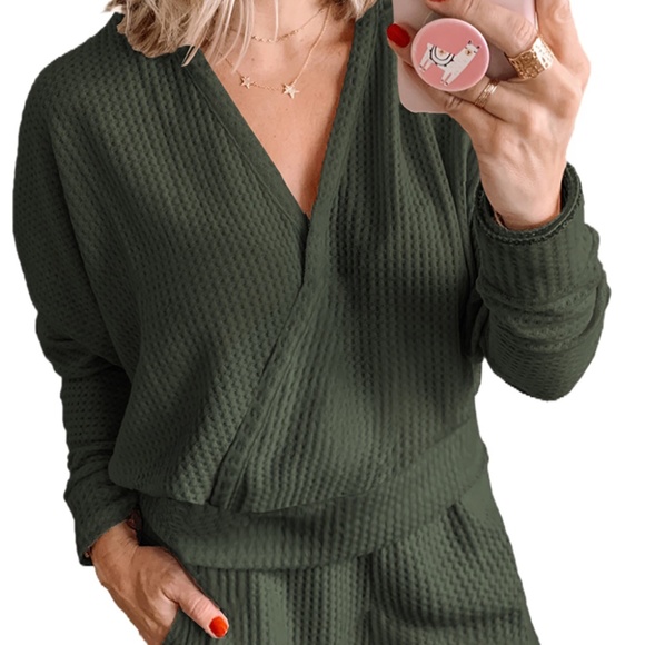 Waffle Knit Thermal Hoodie Short Set Forest Green - Picture 2 of 9